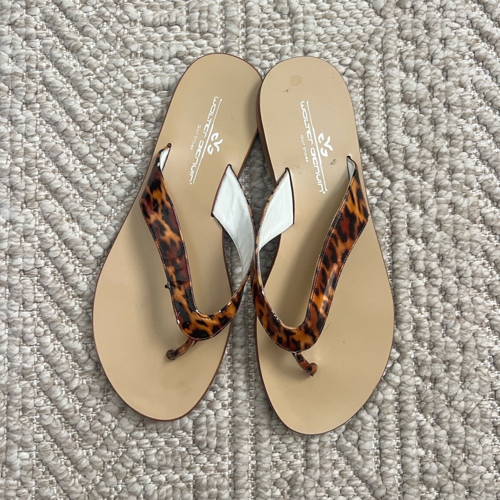 Walter Genuin Leopard Print Leather Flip Flop Sandals Italian Made Brown Tan 38